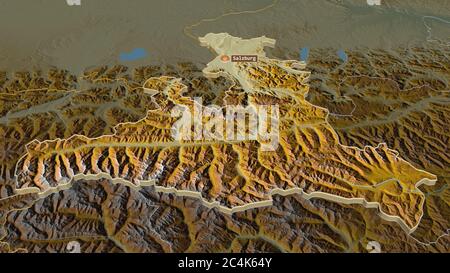 Ingrandisci l'estruso di Salisburgo (stato dell'Austria). Prospettiva obliqua. Mappa topografica dei rilievi con acque superficiali. Rendering 3D Foto Stock