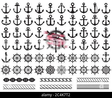 Insieme di ancoraggi, icone di rudder e corde. Illustrazione vettoriale. Illustrazione Vettoriale