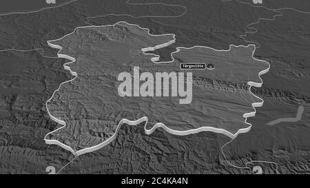 Ingrandisci Targovishte (provincia di Bulgaria) estruso. Prospettiva obliqua. Mappa di elevazione bilivello con acque di superficie. Rendering 3D Foto Stock