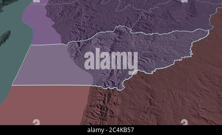 Ingrandisci Makamba (provincia del Burundi) delineato. Prospettiva obliqua. Mappa colorata e bombata della divisione amministrativa con acque superficiali. 3D Foto Stock