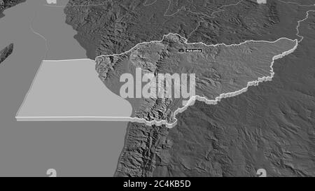 Ingrandisci Makamba (provincia del Burundi) estruso. Prospettiva obliqua. Mappa di elevazione bilivello con acque di superficie. Rendering 3D Foto Stock