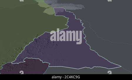 Ingrandisci Extrême-Nord (regione del Camerun). Prospettiva obliqua. Mappa colorata e bombata della divisione amministrativa con acque superficiali. Foto Stock