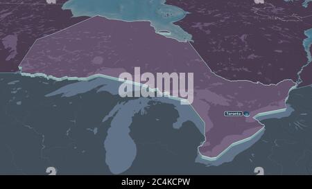 Zoom in ON Ontario (provincia del Canada) estruso. Prospettiva obliqua. Mappa colorata e bombata della divisione amministrativa con acque superficiali. 3D r Foto Stock