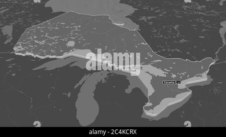 Zoom in ON Ontario (provincia del Canada) estruso. Prospettiva obliqua. Mappa di elevazione bilivello con acque di superficie. Rendering 3D Foto Stock