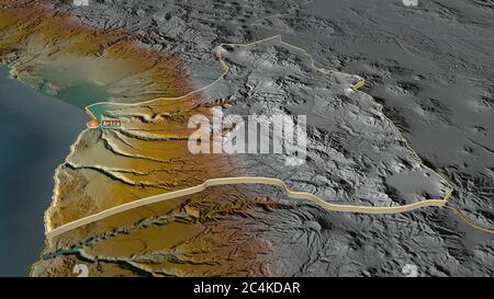 Ingrandisci Arica y Parinacota (regione del Cile) estruso. Prospettiva obliqua. Mappa topografica dei rilievi con acque superficiali. Rendering 3D Foto Stock