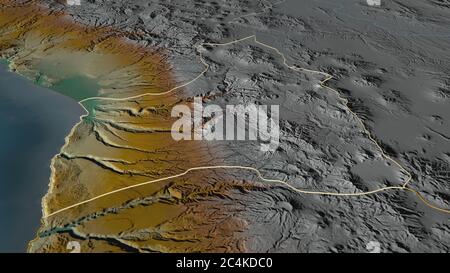 Ingrandisci Arica y Parinacota (regione del Cile) delineato. Prospettiva obliqua. Mappa topografica dei rilievi con acque superficiali. Rendering 3D Foto Stock