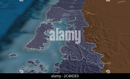 Ingrandisci Los Lagos (regione del Cile) delineato. Prospettiva obliqua. Mappa colorata e bombata della divisione amministrativa con acque superficiali. Re 3D Foto Stock