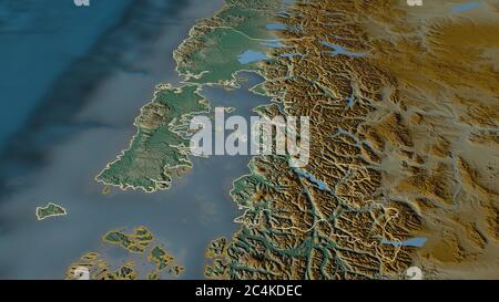 Ingrandisci Los Lagos (regione del Cile) delineato. Prospettiva obliqua. Mappa topografica dei rilievi con acque superficiali. Rendering 3D Foto Stock