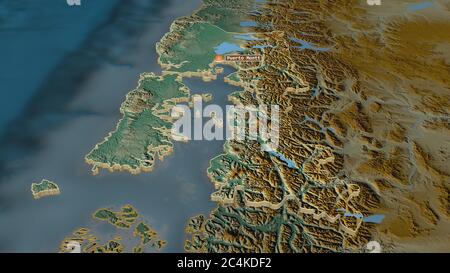 Ingrandisci Los Lagos (regione del Cile) estruso. Prospettiva obliqua. Mappa topografica dei rilievi con acque superficiali. Rendering 3D Foto Stock