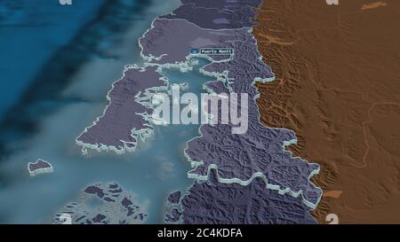Ingrandisci Los Lagos (regione del Cile) estruso. Prospettiva obliqua. Mappa colorata e bombata della divisione amministrativa con acque superficiali. Re 3D Foto Stock