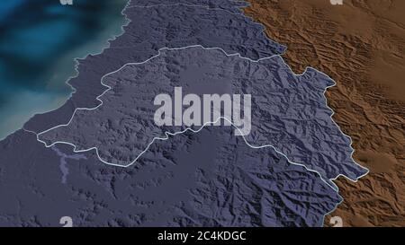 Ingrandisci la cartina della Región Metropolitana di Santiago (regione del Cile). Prospettiva obliqua. Mappa colorata e bombata della divisione amministrativa WIT Foto Stock