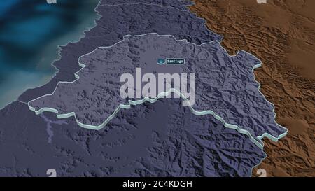 Ingrandisci Región metropolitana de Santiago (regione del Cile) estrusa. Prospettiva obliqua. Mappa colorata e bombata della divisione amministrativa WIT Foto Stock