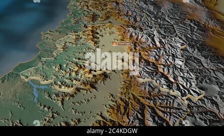 Ingrandisci Región metropolitana de Santiago (regione del Cile) estrusa. Prospettiva obliqua. Mappa topografica dei rilievi con acque superficiali. Rendering 3D Foto Stock
