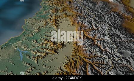 Ingrandisci la cartina della Región Metropolitana di Santiago (regione del Cile). Prospettiva obliqua. Mappa topografica dei rilievi con acque superficiali. Rendering 3D Foto Stock