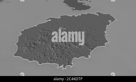 Ingrandisci Hainan (provincia della Cina) delineato. Prospettiva obliqua. Mappa di elevazione bilivello con acque di superficie. Rendering 3D Foto Stock