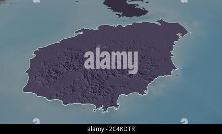 Ingrandisci Hainan (provincia della Cina) delineato. Prospettiva obliqua. Mappa colorata e bombata della divisione amministrativa con acque superficiali. 3D ren Foto Stock