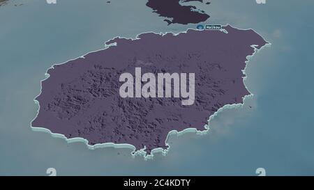 Ingrandisci Hainan (provincia della Cina) estruso. Prospettiva obliqua. Mappa colorata e bombata della divisione amministrativa con acque superficiali. 3D ren Foto Stock