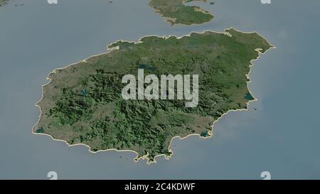 Ingrandisci Hainan (provincia della Cina) delineato. Prospettiva obliqua. Immagini satellitari. Rendering 3D Foto Stock