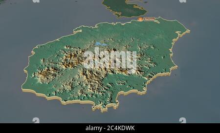 Ingrandisci Hainan (provincia della Cina) estruso. Prospettiva obliqua. Mappa topografica dei rilievi con acque superficiali. Rendering 3D Foto Stock