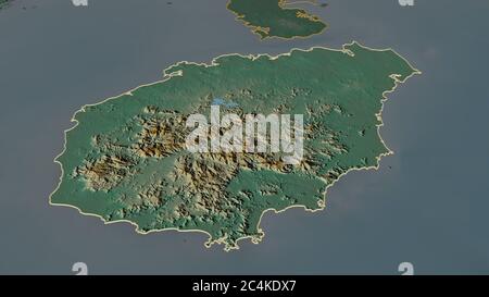 Ingrandisci Hainan (provincia della Cina) delineato. Prospettiva obliqua. Mappa topografica dei rilievi con acque superficiali. Rendering 3D Foto Stock