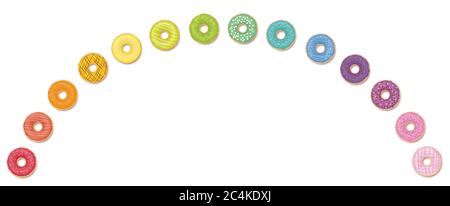 Donut arcobaleno. Ciambelle colorate in un arco - illustrazione su sfondo bianco. Foto Stock