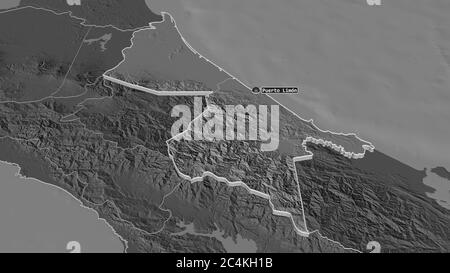 Zoom in su Limón (provincia di Costa Rica) estruso. Prospettiva obliqua. Mappa di elevazione bilivello con acque di superficie. Rendering 3D Foto Stock