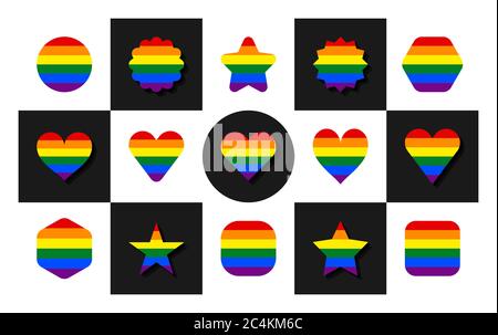 Allarme LGBT. Forma circolare, a stella, esagonale, cardiaca, quadrata. Set di segni in colori arcobaleno per l'uso in LGBTQI Pride Event, LBGT Pride Month o Gay Pride Sy Illustrazione Vettoriale