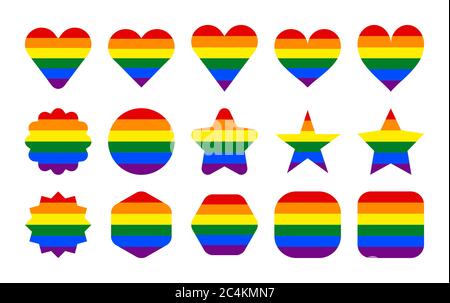 Allarme LGBT. Forma circolare, a stella, esagonale, cardiaca, quadrata. Set di segni in colori arcobaleno per l'uso in LGBTQI Pride Event, LBGT Pride Month o Gay Pride Sy Illustrazione Vettoriale