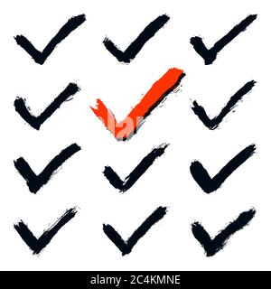 Serie di segni di spunta tracciati a mano. Raccolta di simboli di spunta. Kit di icone di accettazione. Verificare, selezionare, accettare, concordare, approvare, approvare la forma. Illustrazione Vettoriale