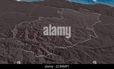 Ingrandisci Santiago (provincia della Repubblica Dominicana) delineato. Prospettiva obliqua. Mappa colorata e bombata della divisione amministrativa con superficie Foto Stock