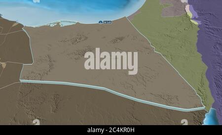 Ingrandisci Shamal Sina' (governatorato d'Egitto) estruso. Prospettiva obliqua. Mappa colorata e bombata della divisione amministrativa con acqua di superficie Foto Stock