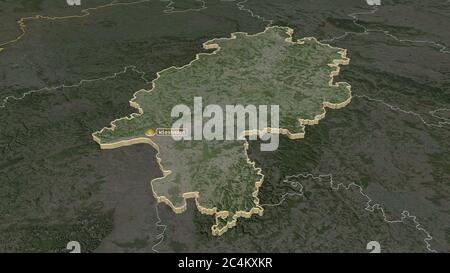 Zoom avanti su Hessen (stato della Germania) estruso. Prospettiva obliqua. Immagini satellitari. Rendering 3D Foto Stock