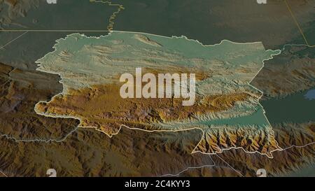 Ingrandisci l'alta Verapaz (dipartimento del Guatemala) delineato. Prospettiva obliqua. Mappa topografica dei rilievi con acque superficiali. Rendering 3D Foto Stock