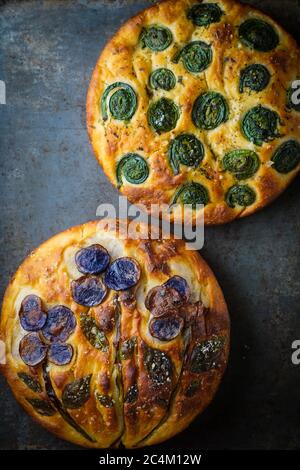 Focaccia con Fiddlehead Ferns Foto Stock