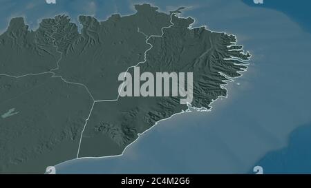 Ingrandisci Austurland (regione dell'Islanda) delineato. Prospettiva obliqua. Mappa colorata e bombata della divisione amministrativa con acque superficiali. 3D Foto Stock