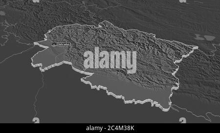 Zoom avanti su Uttarakhand (stato dell'India) estruso. Prospettiva obliqua. Mappa di elevazione bilivello con acque di superficie. Rendering 3D Foto Stock