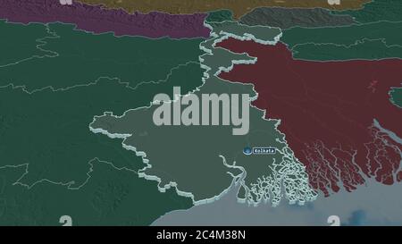 Ingrandisci il Bengala Occidentale (stato dell'India) estruso. Prospettiva obliqua. Mappa colorata e bombata della divisione amministrativa con acque superficiali. 3D r Foto Stock