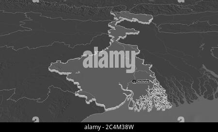 Ingrandisci il Bengala Occidentale (stato dell'India) estruso. Prospettiva obliqua. Mappa di elevazione bilivello con acque di superficie. Rendering 3D Foto Stock