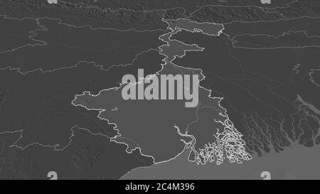 Ingrandisci il contorno del Bengala Occidentale (stato dell'India). Prospettiva obliqua. Mappa di elevazione bilivello con acque di superficie. Rendering 3D Foto Stock