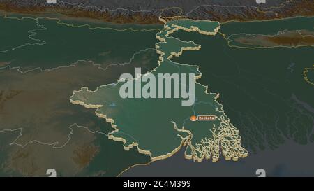 Ingrandisci il Bengala Occidentale (stato dell'India) estruso. Prospettiva obliqua. Mappa topografica dei rilievi con acque superficiali. Rendering 3D Foto Stock