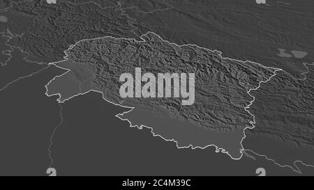 Zoom avanti su Uttarakhand (stato dell'India) delineato. Prospettiva obliqua. Mappa di elevazione bilivello con acque di superficie. Rendering 3D Foto Stock