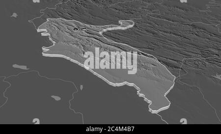 Ingrandisci Ilam (provincia dell'Iran) estruso. Prospettiva obliqua. Mappa di elevazione bilivello con acque di superficie. Rendering 3D Foto Stock
