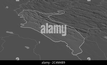 Ingrandisci Ilam (provincia dell'Iran) delineato. Prospettiva obliqua. Mappa di elevazione bilivello con acque di superficie. Rendering 3D Foto Stock