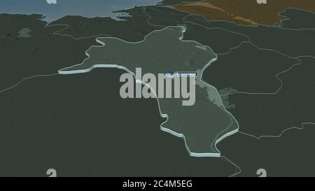 Ingrandisci Roscommon (contea dell'Irlanda) estruso. Prospettiva obliqua. Mappa colorata e bombata della divisione amministrativa con acque superficiali. 3D Foto Stock