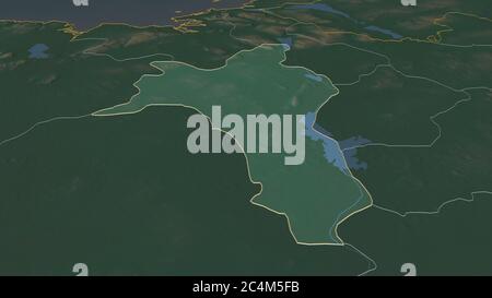 Ingrandisci Roscommon (contea dell'Irlanda) delineato. Prospettiva obliqua. Mappa topografica dei rilievi con acque superficiali. Rendering 3D Foto Stock