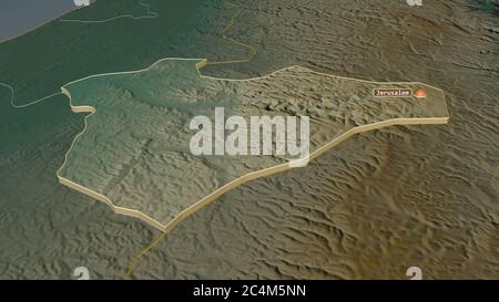 Ingrandisci Gerusalemme (quartiere di Israele) estrusa. Prospettiva obliqua. Mappa topografica dei rilievi con acque superficiali. Rendering 3D Foto Stock