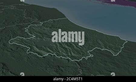 Ingrandisci la cartina dell'Abruzzo. Prospettiva obliqua. Mappa colorata e bombata della divisione amministrativa con acque superficiali. 3D rend Foto Stock