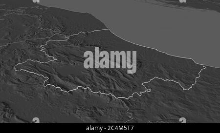 Ingrandisci la cartina dell'Abruzzo. Prospettiva obliqua. Mappa di elevazione bilivello con acque di superficie. Rendering 3D Foto Stock