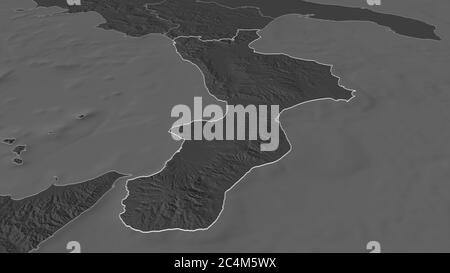 Ingrandisci la cartina della Calabria. Prospettiva obliqua. Mappa di elevazione bilivello con acque di superficie. Rendering 3D Foto Stock