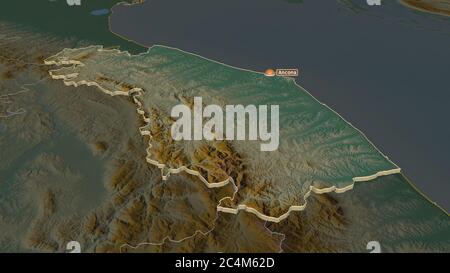 Ingrandisci Marche (regione Italia) estrusi. Prospettiva obliqua. Mappa topografica dei rilievi con acque superficiali. Rendering 3D Foto Stock